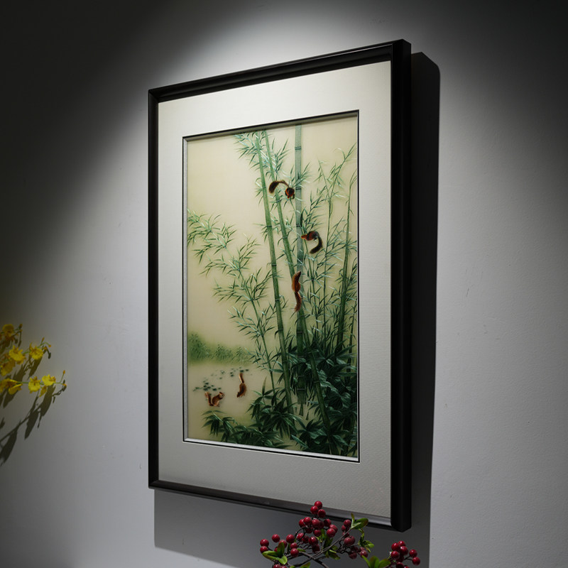 高端手工苏绣竹报平安新中式挂画书房卧室客厅松鼠构图刺绣装饰画