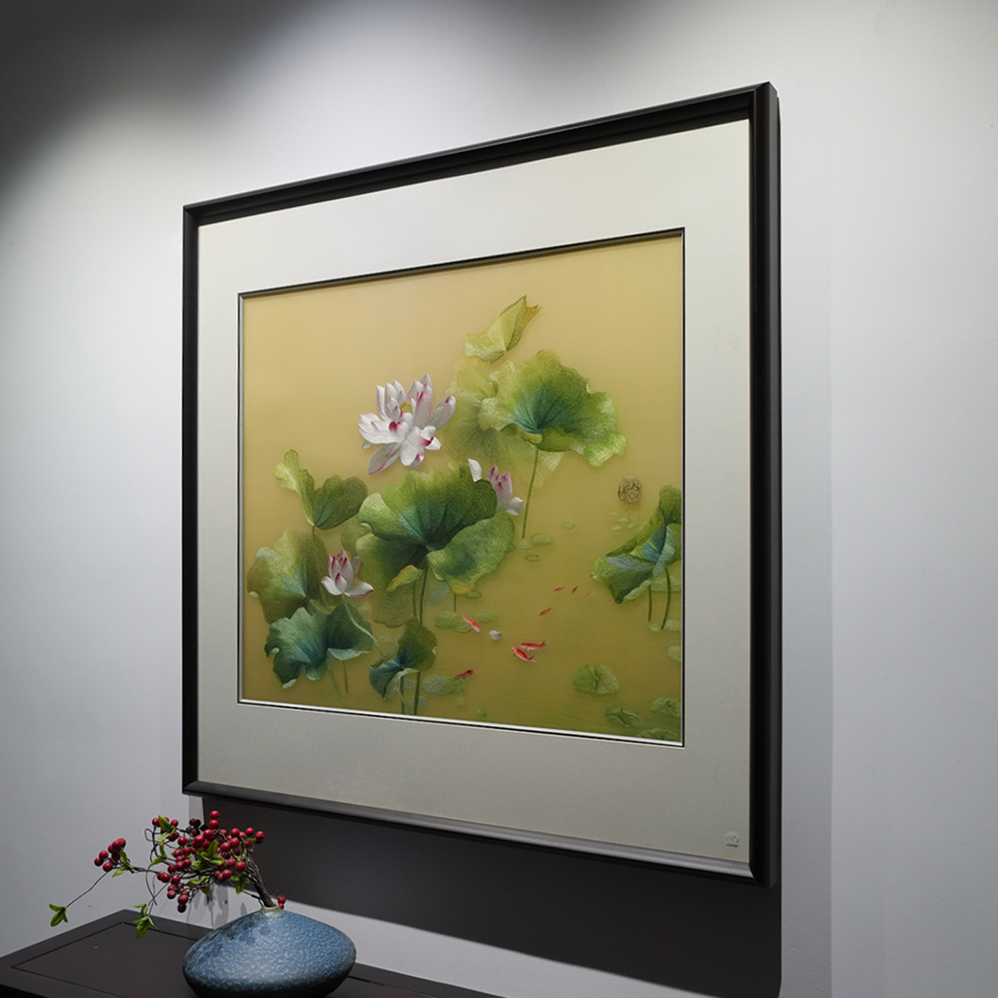 荷塘情趣手工苏绣挂画书房卧室客厅沙发墙新中式刺绣实木框装饰画