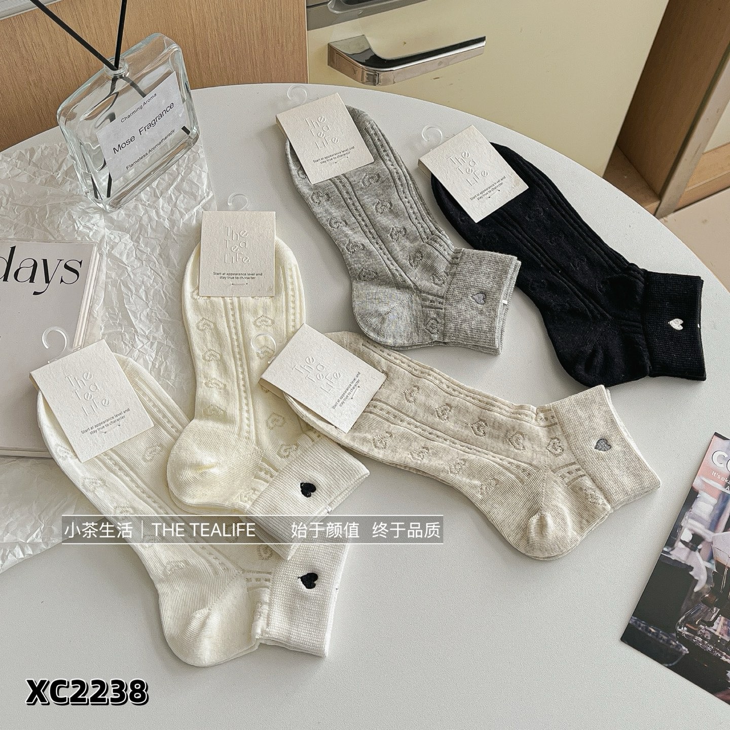 小茶生活爱心透气网眼短筒女袜