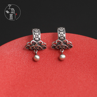 空岛蓝S925纯银文艺复古中国风雕花耳环优雅百搭民族风耳坠耳饰女
