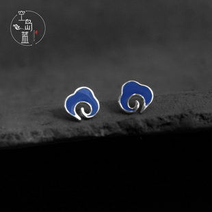 落江南 空岛蓝925纯银文艺中国风景泰蓝祥云耳钉复古典雅耳环耳饰