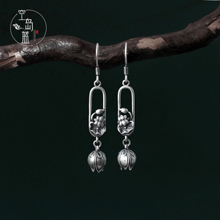 忆江南 空岛蓝S925纯银文艺优雅新中式莲花耳环民族复古风耳坠女