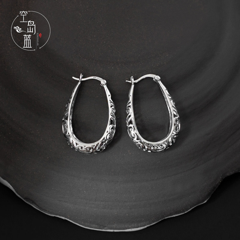 文艺民族925纯银女中式耳圈耳环