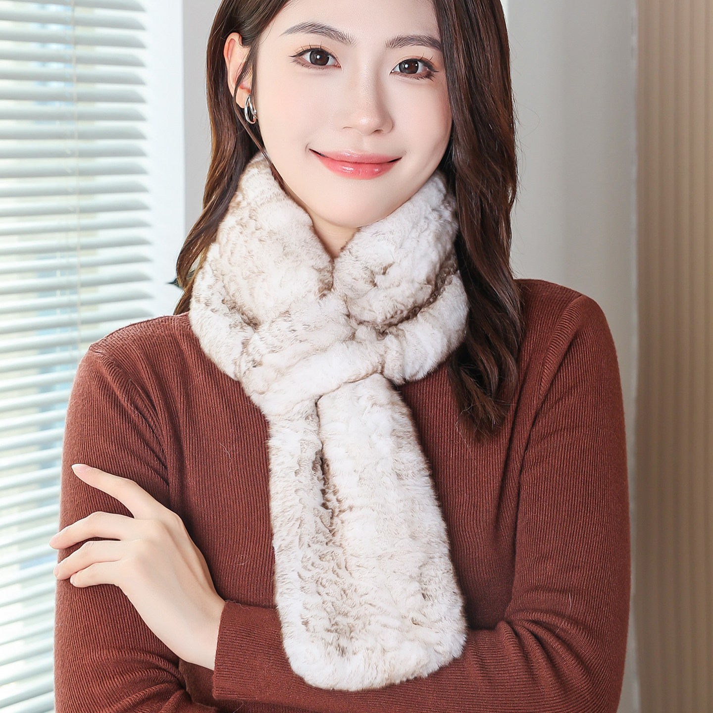 真毛全手工编织獭兔毛围巾简约百搭皮草保暖围脖双面加厚毛领子女