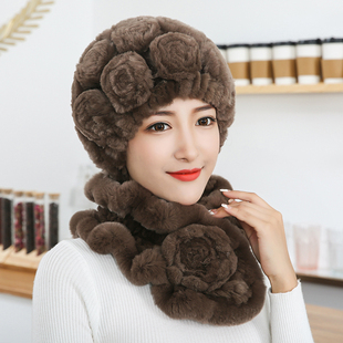 皮草帽子老太太帽子冬季女款真獭兔毛妈妈奶奶帽中老年人保暖围巾