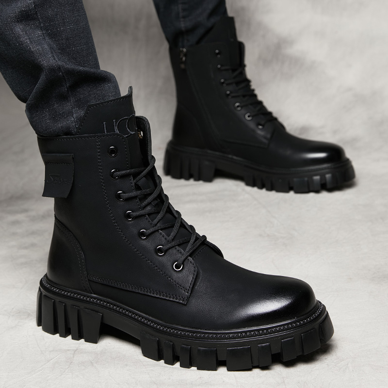 马丁靴男冬季英伦风高筒真皮内增高靴子软皮潮流加绒保暖工装靴