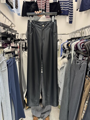 ACS韩版简约高腰百搭显瘦阔腿加绒皮裤女冬季2025新款pu皮拖地裤