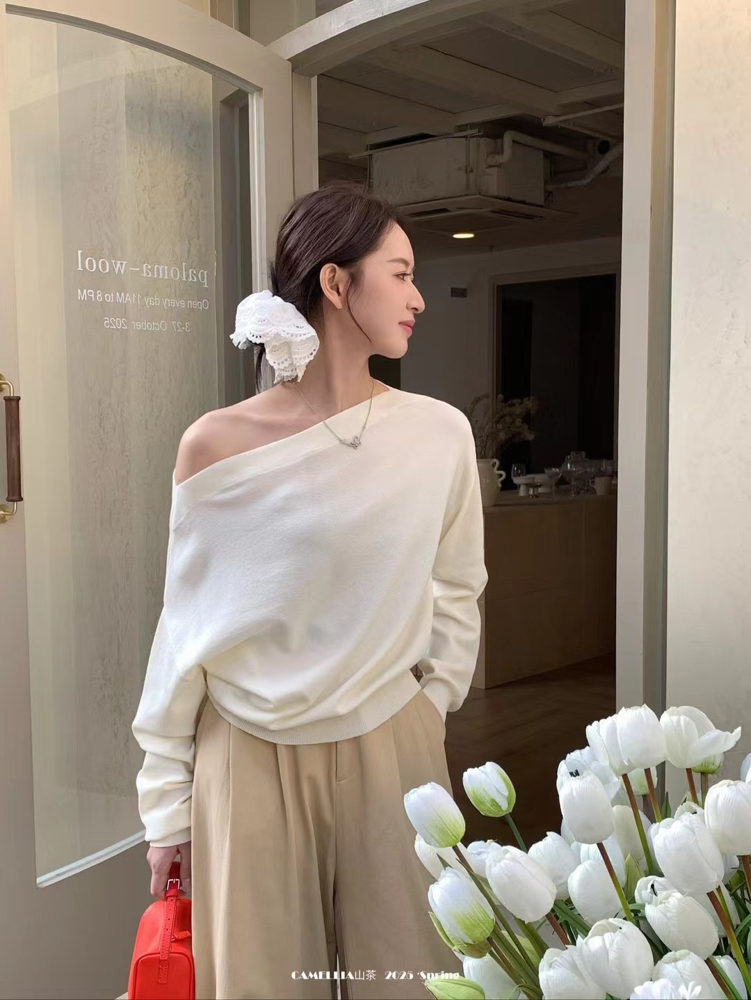 CAMELLIA山茶韩版法式一字肩针织衫女百搭显瘦短款辣妹上衣25春季
