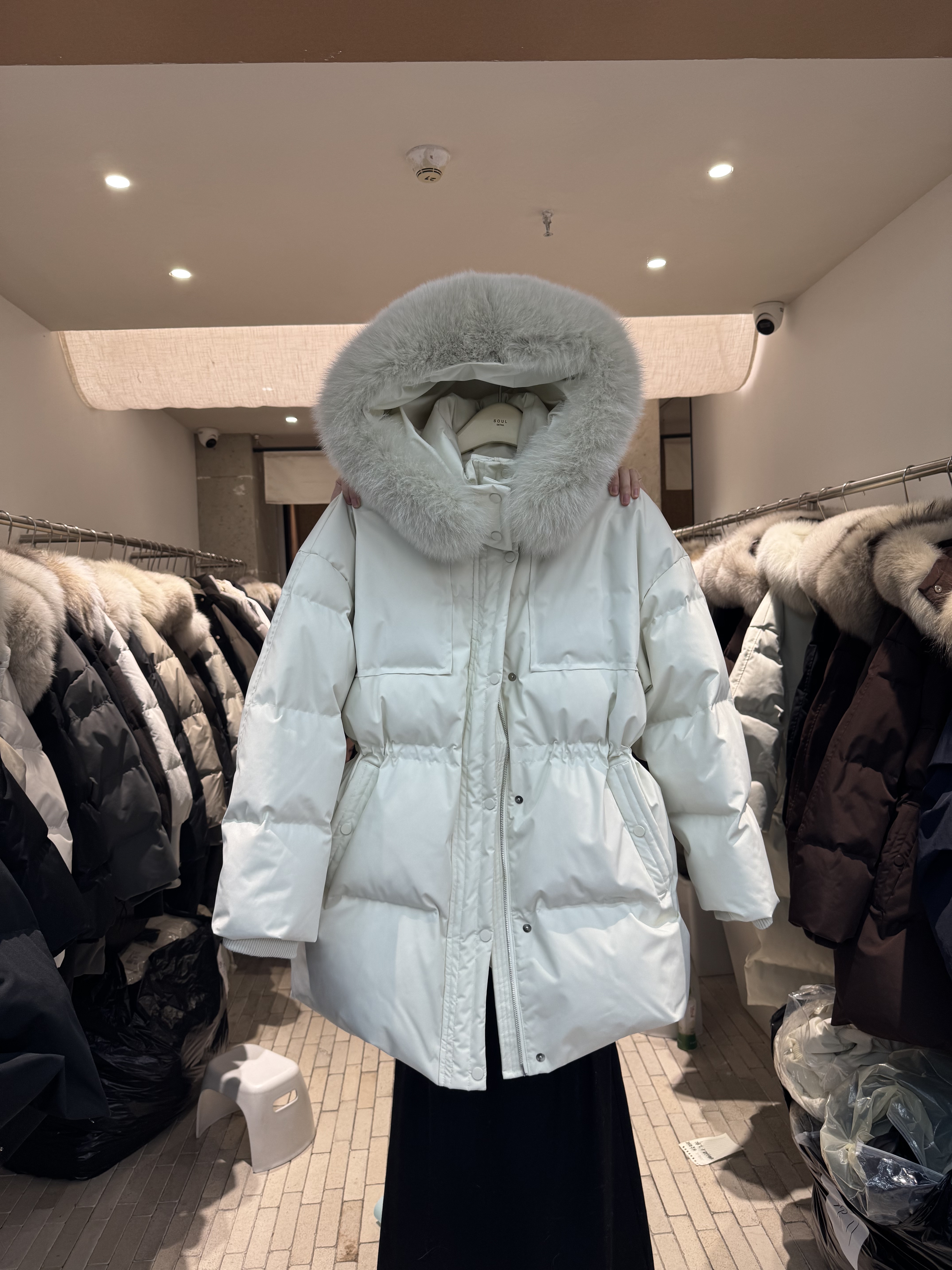 正版SOUL DETAIL素予狐狸毛领连帽加厚中长90白鸭绒羽绒服女冬季