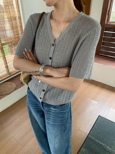 bindian缤典韩系镂空V领短袖针织开衫女夏季2026新款简约百搭上衣