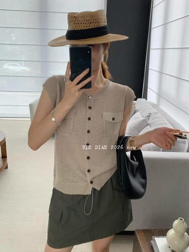 bindian缤典韩系单排扣圆领针织开衫上衣女夏季飞飞袖坎肩打底衫