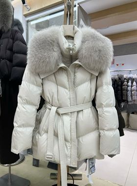 LOUISA.S狐狸毛领收腰绑带90白鸭绒羽绒服女冬季2025新款保暖外套