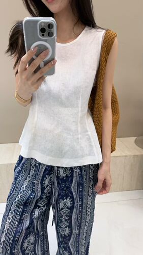 摩登mdeng韩系纯亚麻圆领无袖背心衬衫女夏季新款百搭上衣潮1F311