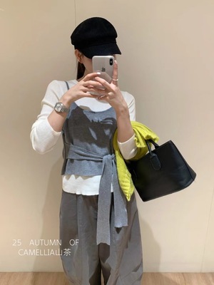 CAMELLIA山茶欧货百搭洋气假两件绑带上衣女25秋季小清新长袖t恤