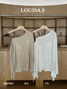 2026新款 LOUISA.S韩版 女春季 T恤衫 洋气百搭微透上衣 斜领露肩长袖