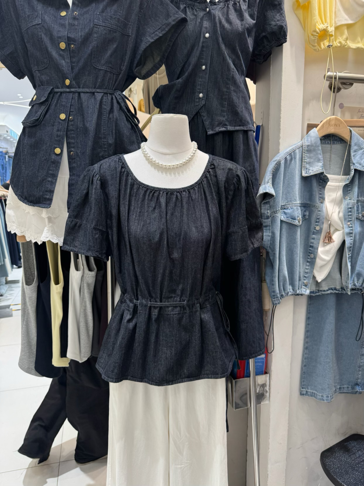 MONA韩系系带收腰牛仔短袖衬衫女夏季新款百搭洋气法式休闲小衫潮
