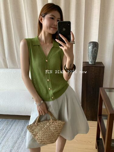 bin dian缤典韩系简约V领无袖针织开衫背心女夏季新款百搭上衣潮