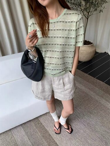 bindian缤典韩系提花短袖针织T恤上衣女夏季新款百搭显瘦打底衫潮