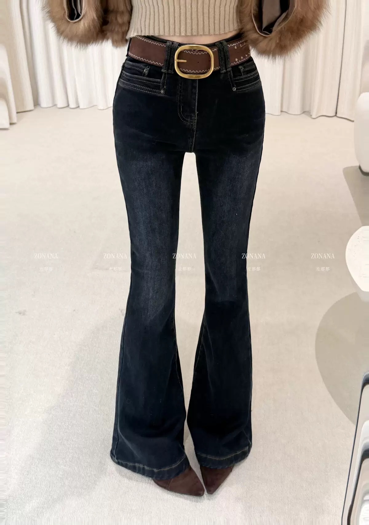 ZONANA左那那韩系辣妹加厚复合绒微喇牛仔裤女冬季新款修身拖地裤
