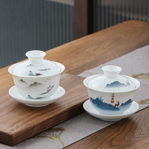 白瓷三才盖碗泡茶壶套装