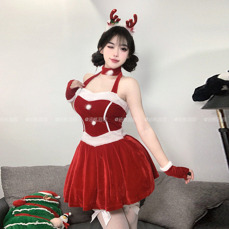 油桃泡泡情趣性感圣诞元旦节兔女郎制服网红直播丝绒睡衣套装睡裙