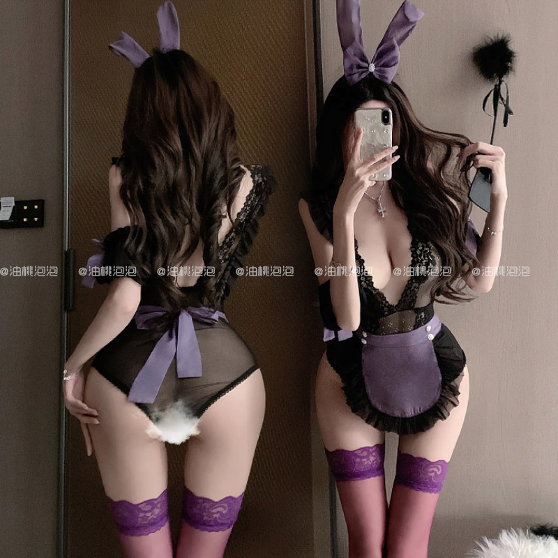 油桃泡泡情趣性感透视围裙女佣女仆制服透明连体衣兔女郎角色扮演