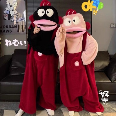 搞怪汉顿丑鱼可爱连体情侣睡衣男女冬季沙雕加厚珊瑚绒卡通家居服