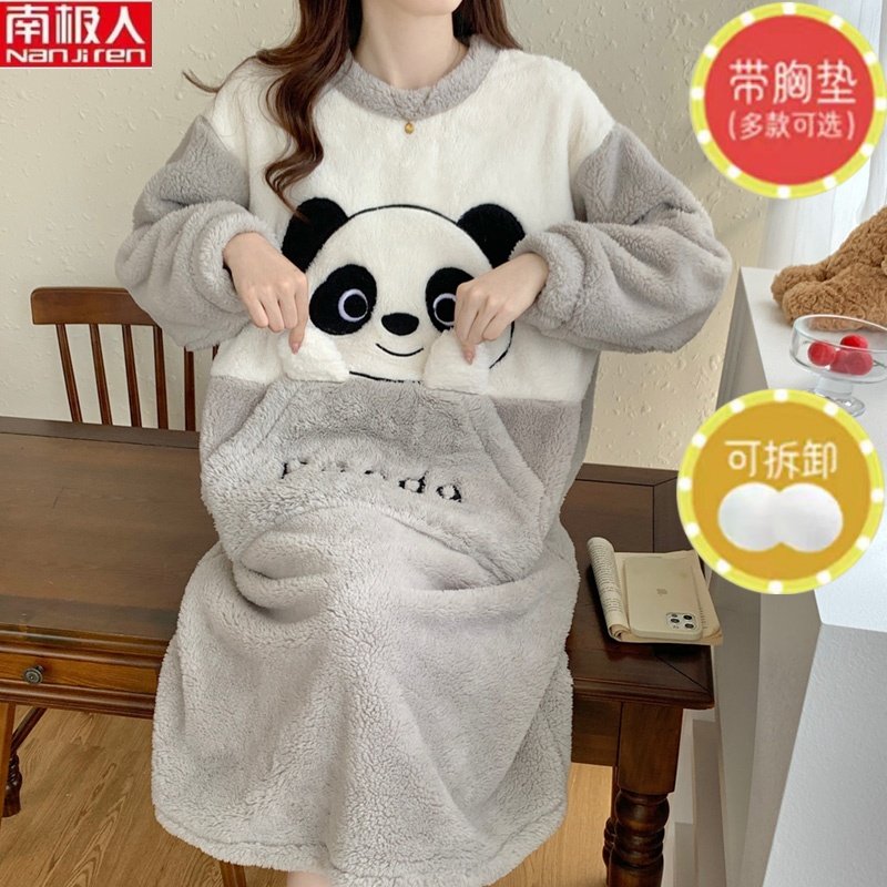 珊瑚绒睡裙秋冬季卡通甜美带胸垫