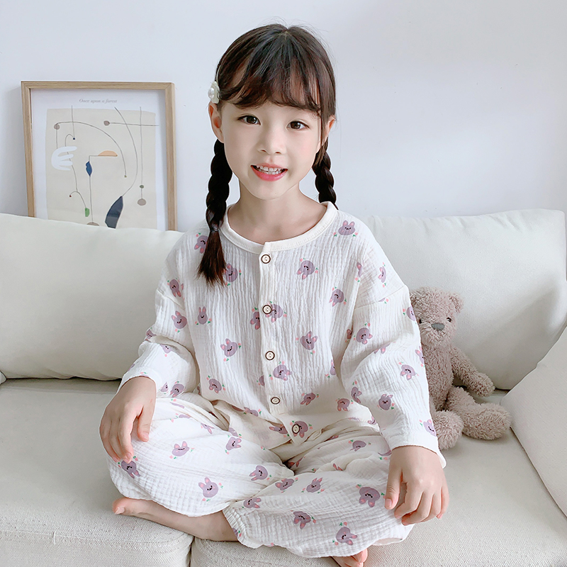 儿童双层纯棉纱布睡衣春夏男女宝宝薄款长袖空调服透气家居服套装