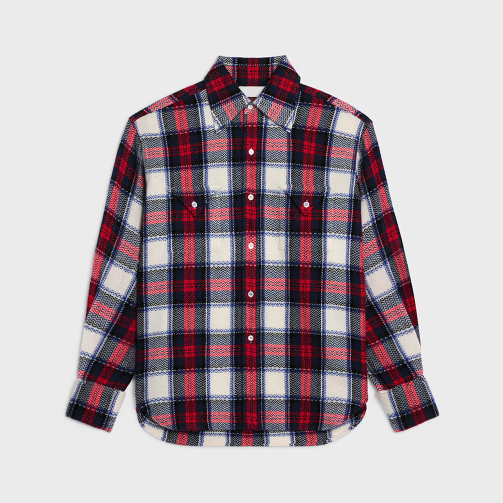 拼色格纹翻领长袖衬衫女