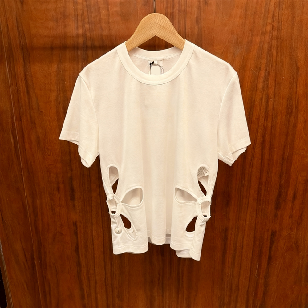 白色圆领侧边蝴蝶结镂空短袖T恤