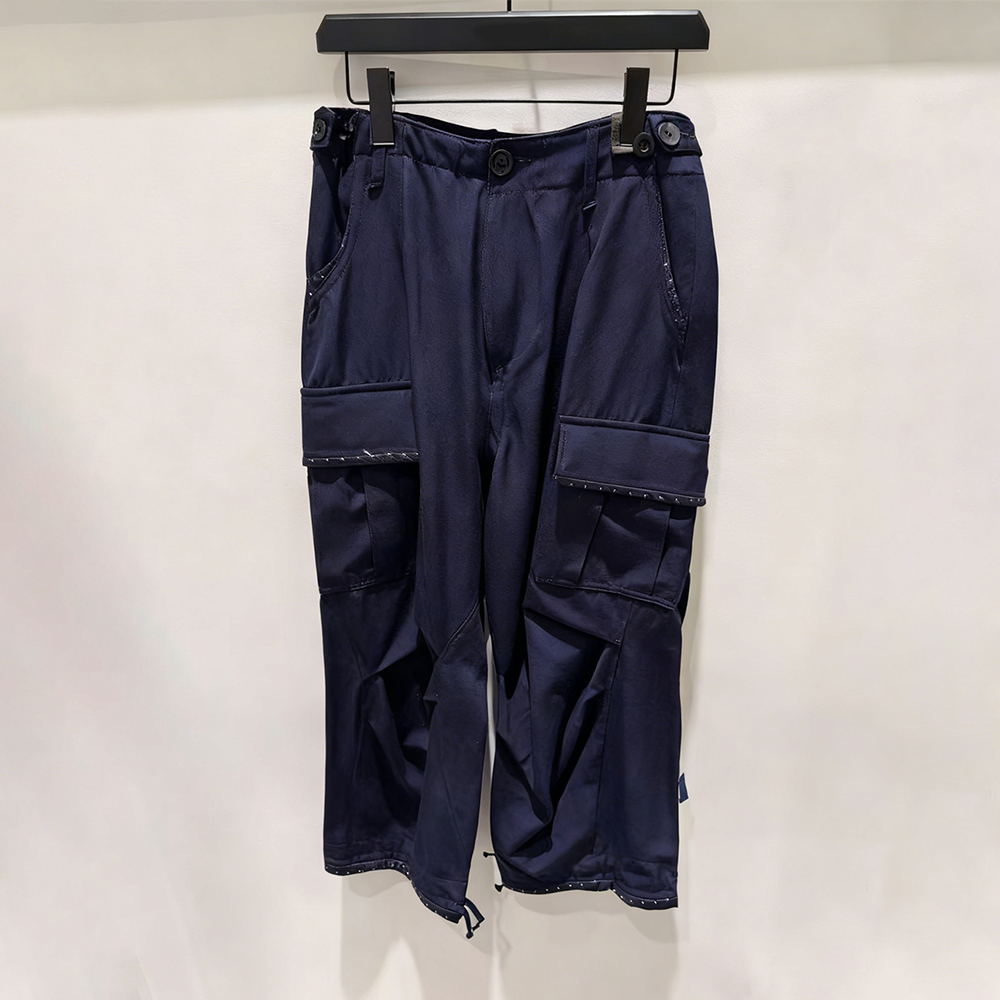 深蓝色高腰显瘦多口袋休闲裤女