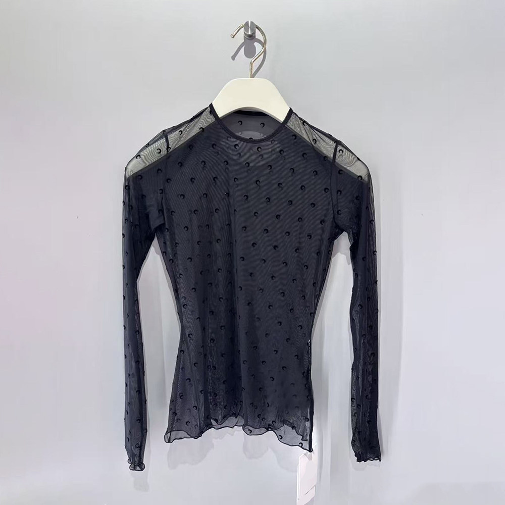 2026夏季新款小众黑色波点长袖T恤女微透网纱拼接显瘦百搭上衣