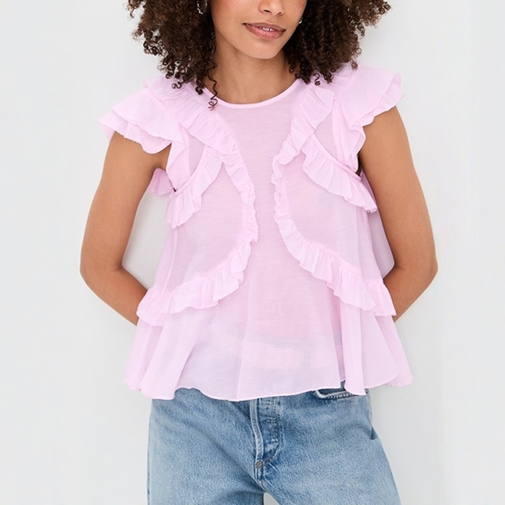 纯色圆领层叠荷叶边无袖衬衫