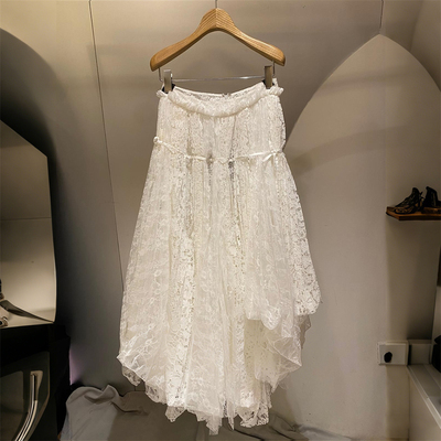 白色松紧腰抽绳蕾丝长裙女