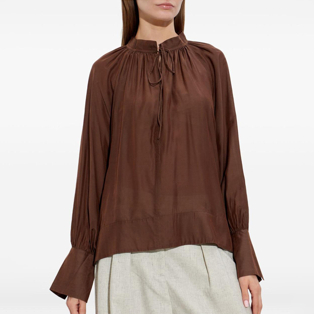 深棕色立领抽绳灯笼袖衬衫女