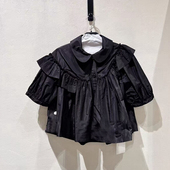 甜美少女风黑色花边衬衫 女长袖 绑带娃娃领纯棉上衣