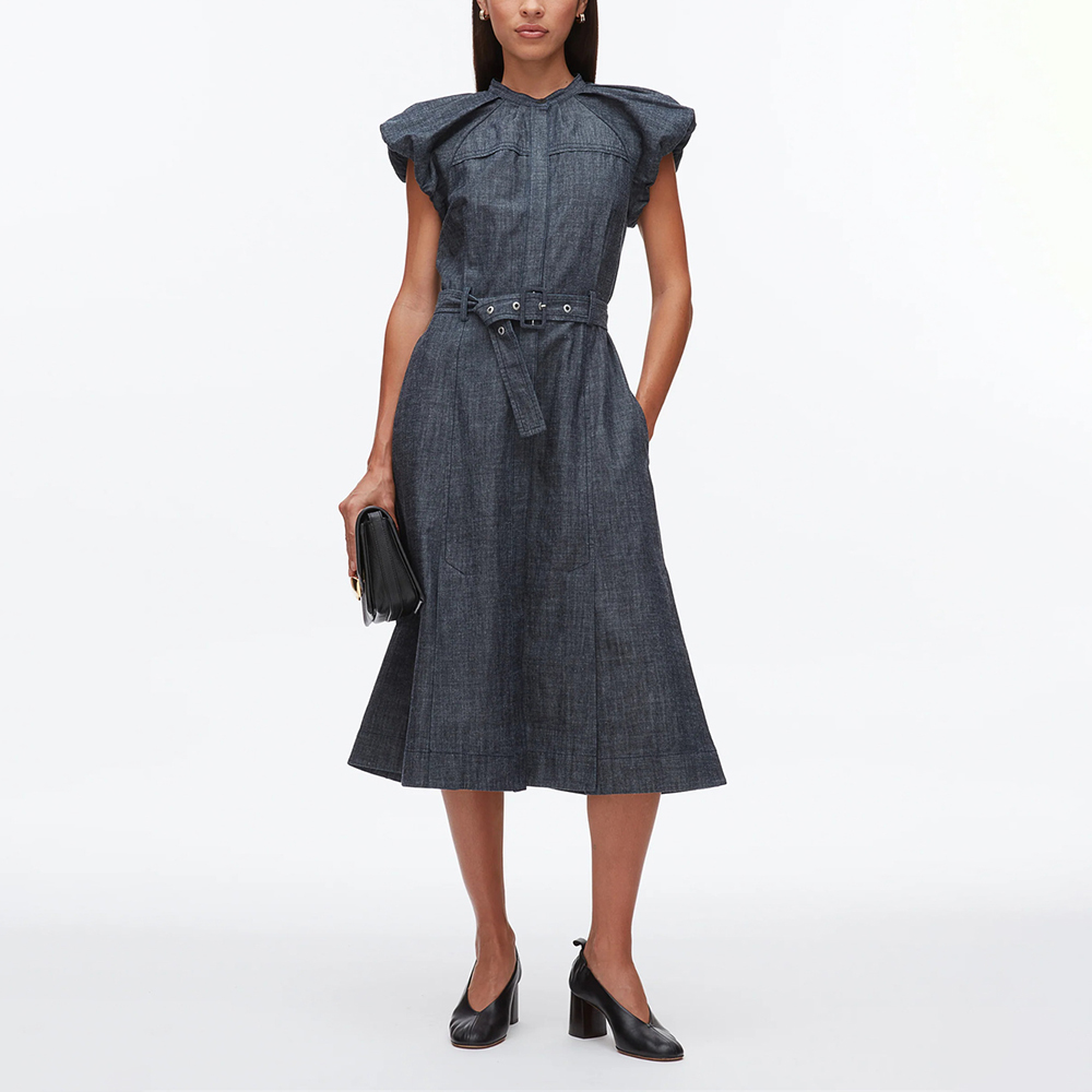 纯色立领泡泡袖连衣裙女