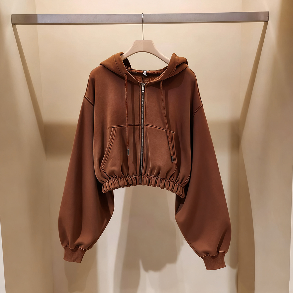 糖炒栗子色连帽拉链长袖卫衣