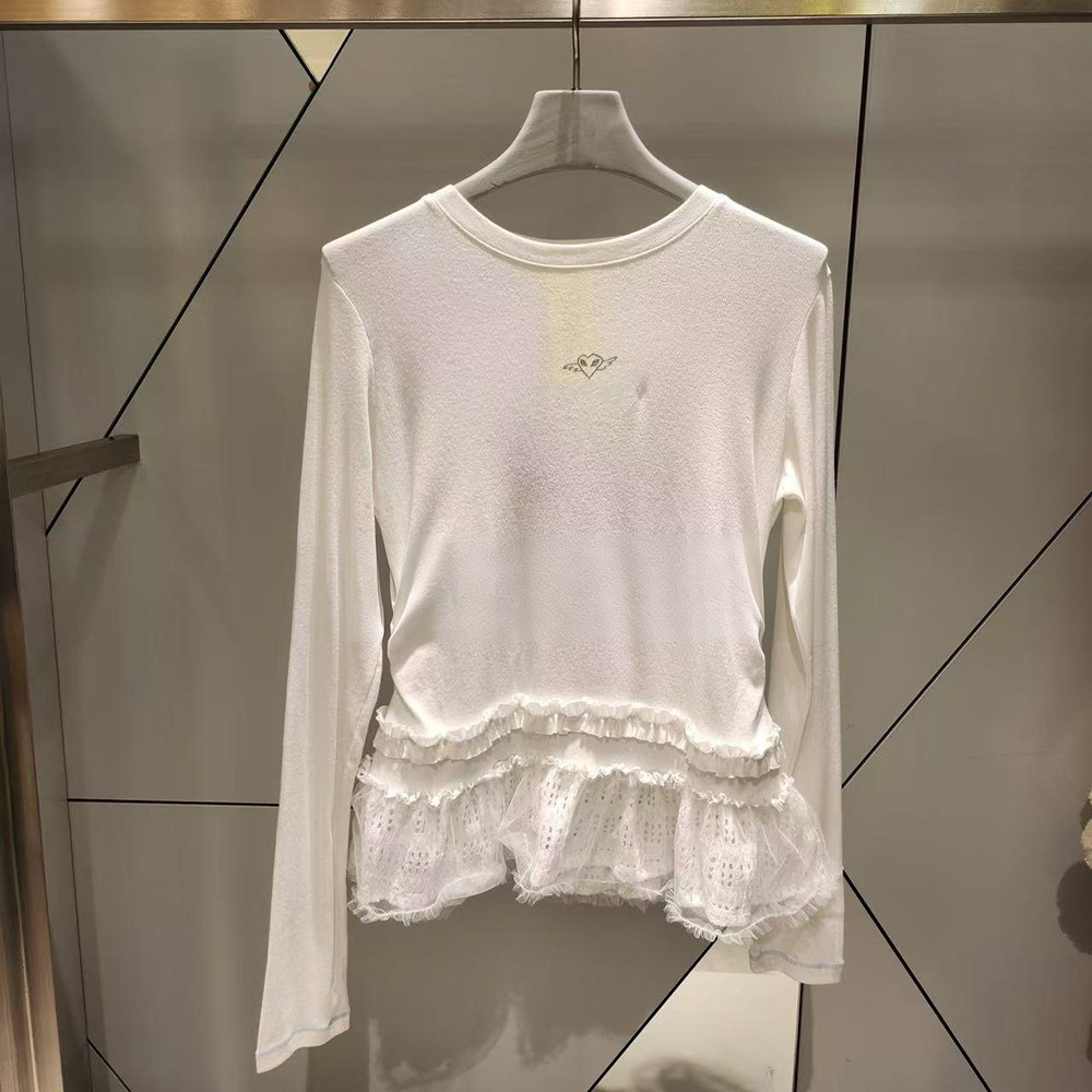 简约通勤风蕾丝拼接长袖T恤女白色圆领层次感上衣,女装/女士精品,T恤,淘宝优惠券,粉丝福利购,淘宝优惠卷