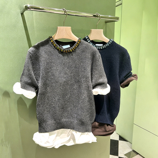 现 针织衫 2026早春新款 饰短袖 显瘦休闲上衣女潮 纯色圆领点钻装