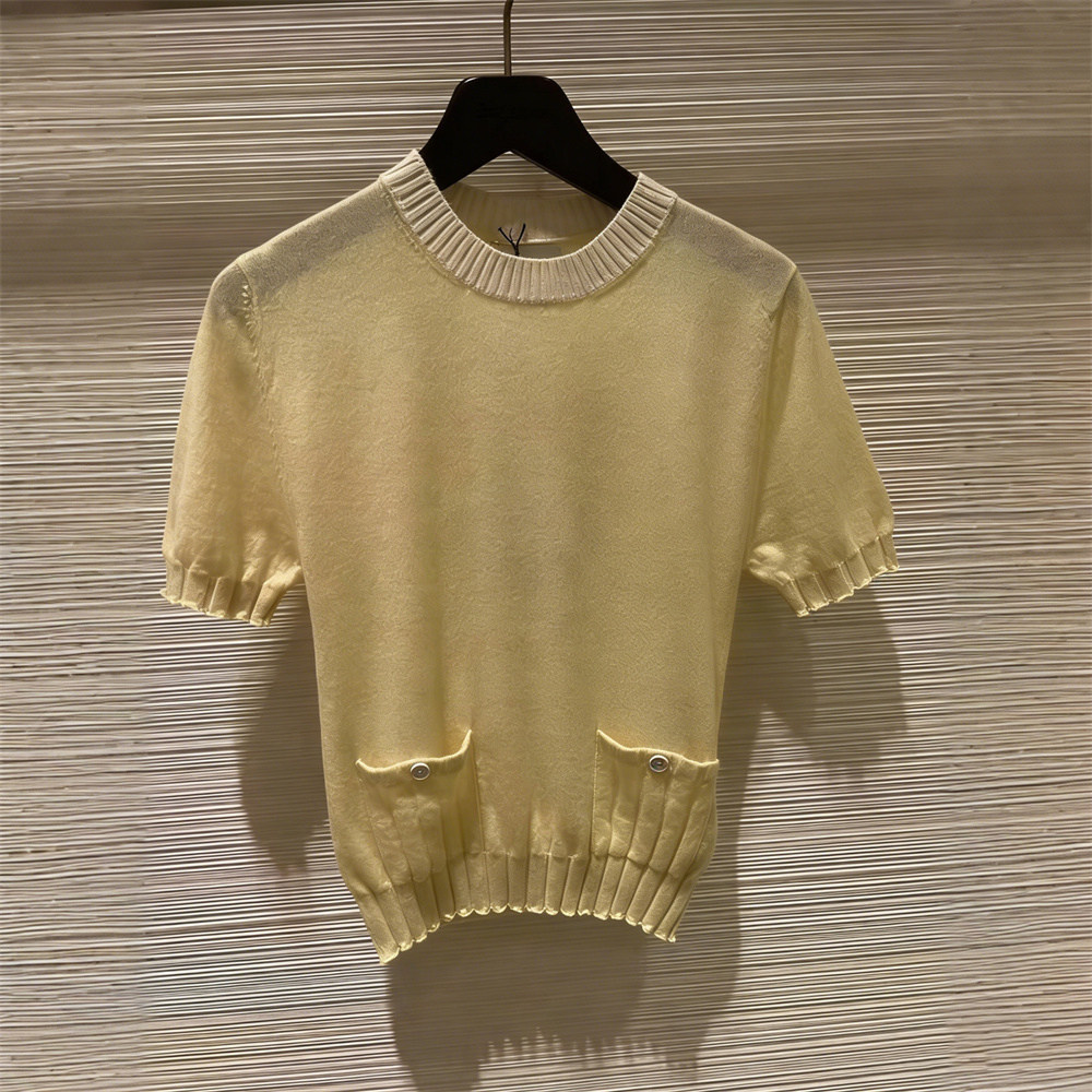 2026早春新款小众淡黄色圆领透视短袖针织衫收腰显瘦短款上衣女