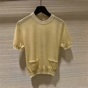 2026早春新款小众淡黄色圆领透视短袖针织衫收腰显瘦短款上衣女