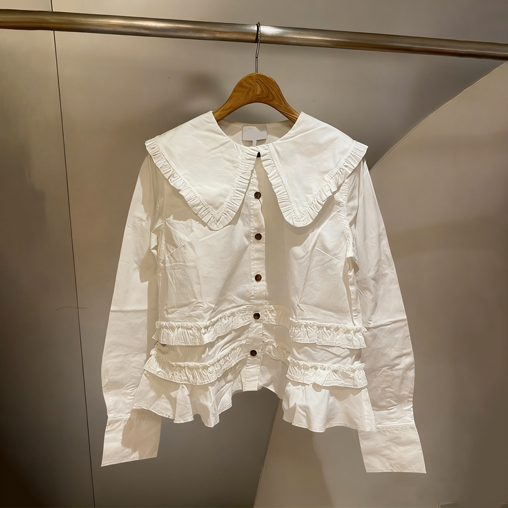 白色娃娃领荷叶边长袖衬衫女