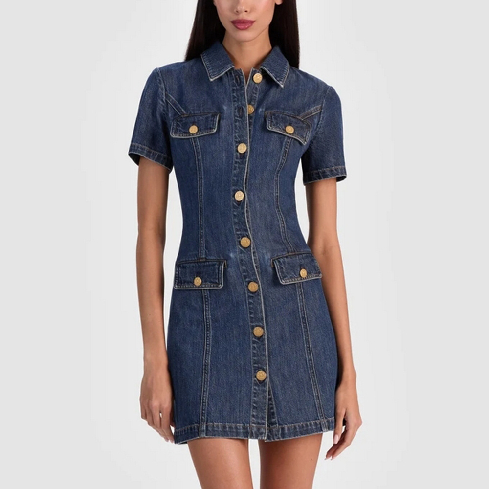 复古做旧翻领短袖牛仔连衣裙
