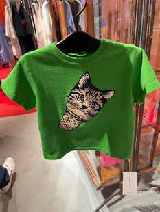 时尚 T恤女夏季 新款 休闲上衣潮 圆领短款 现货 猫咪图案印花短袖
