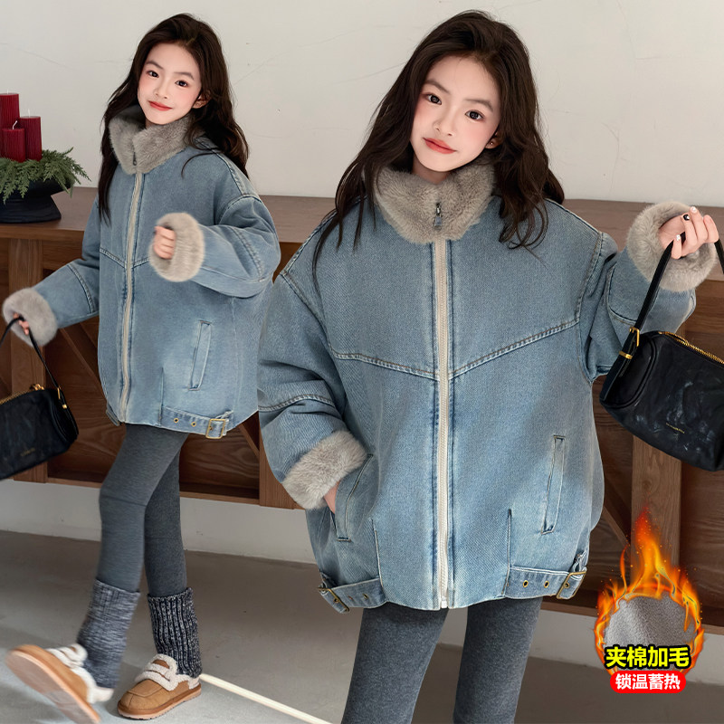 女童加厚兔毛牛仔外套冬季新款