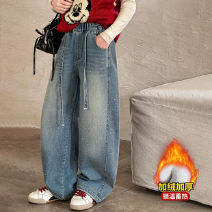 女童加绒加厚裤子冬装大童韩版超好看阔腿裤女孩烫钻一体绒牛仔裤