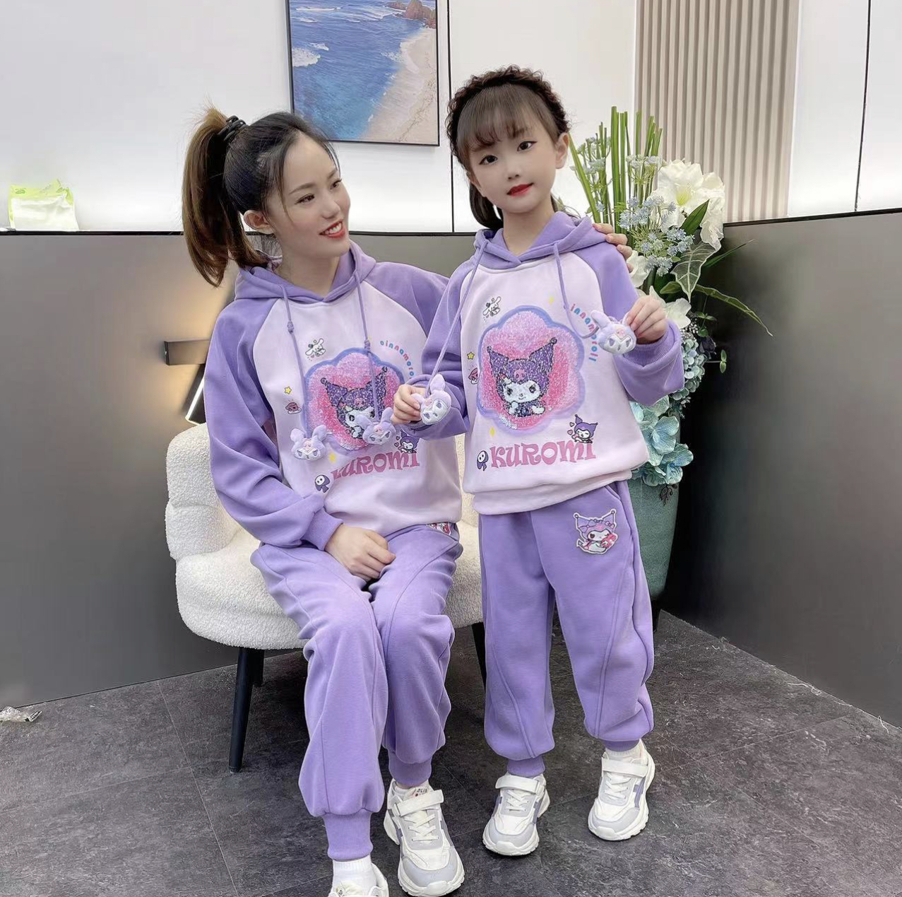 女童库洛米卫衣套装春秋2023新款儿童秋装连帽上衣加绒休闲两件套