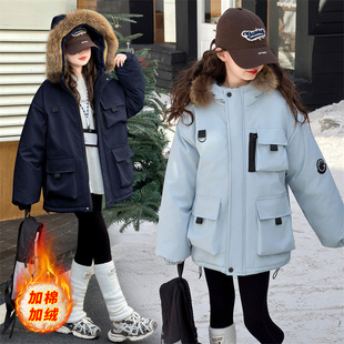 中童派克羽绒棉服女2026年冬季新款韩系大毛领加厚工装棉衣外套